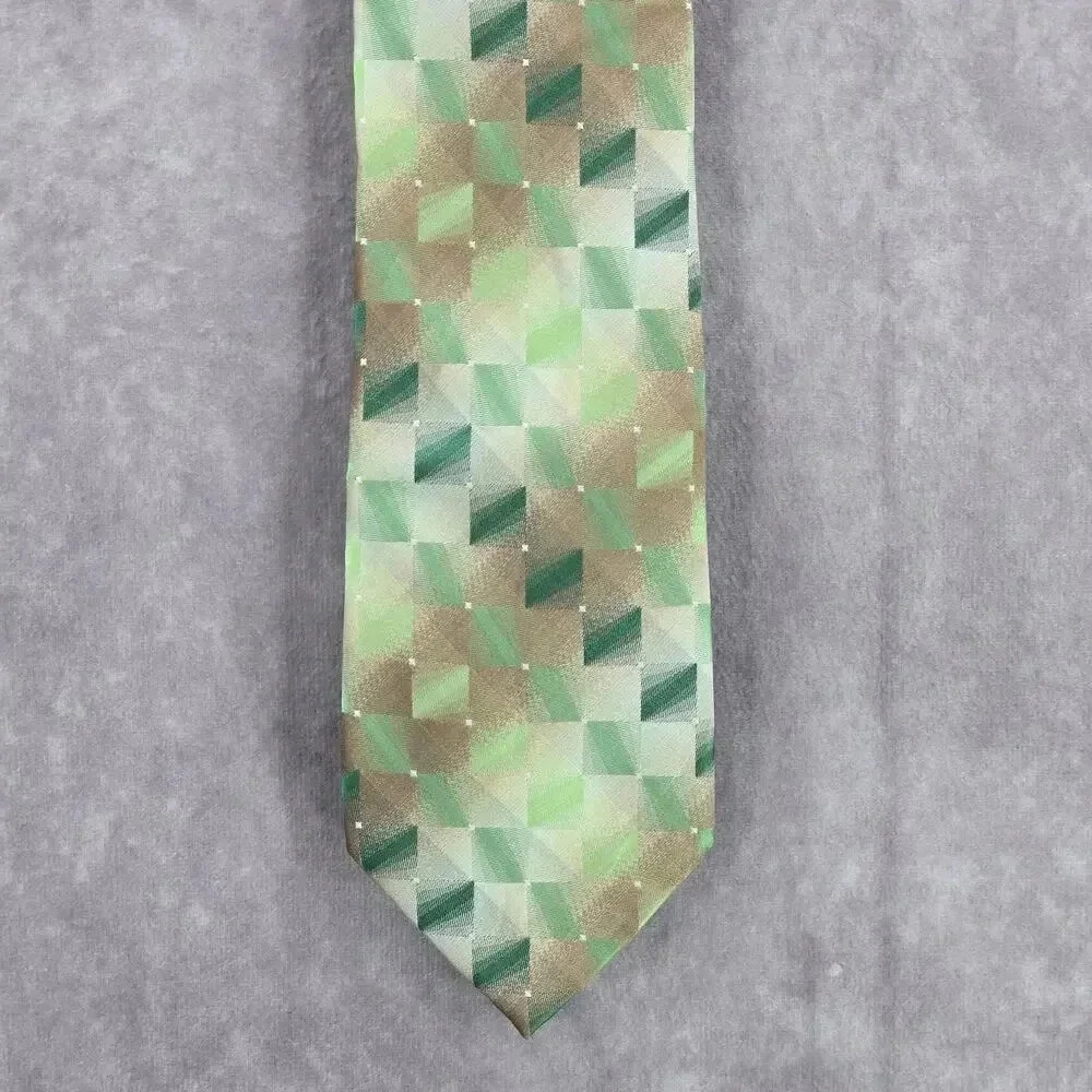 Van Heusen Green Brown Geometric‎ Checkered 100% Silk Men's Neck Tie NWOT